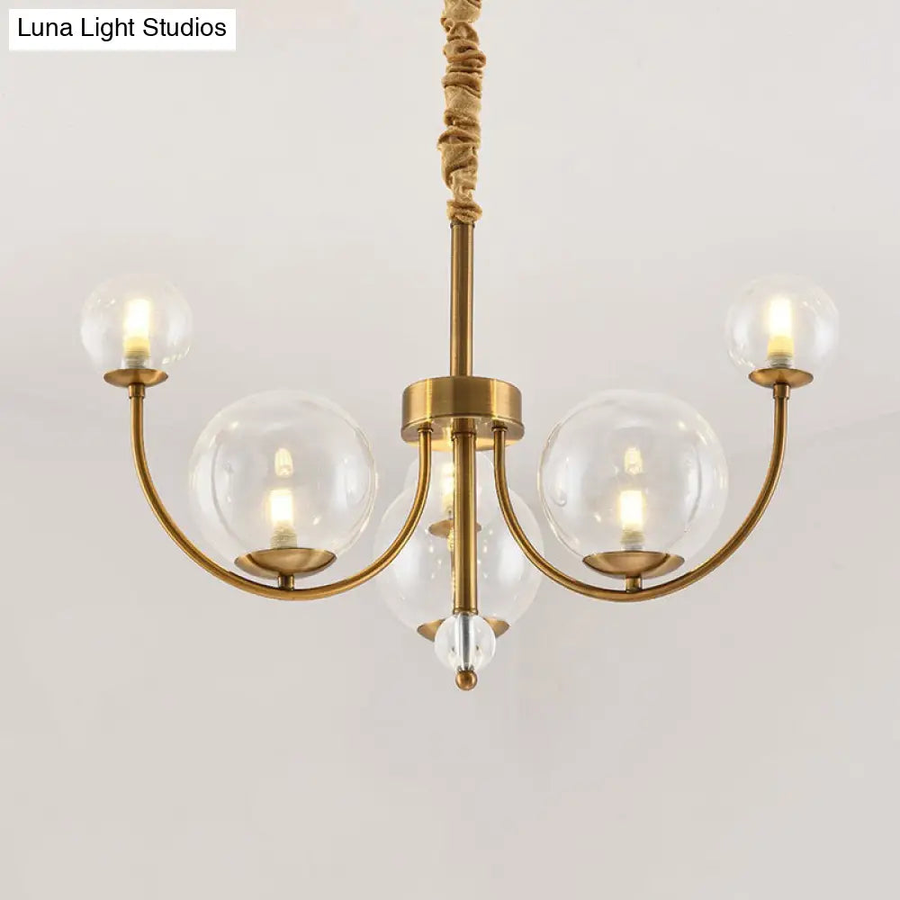 Arched Arm Chandelier With Elegant Metal Frame Globe Glass Shade Pendant Light For Living Room