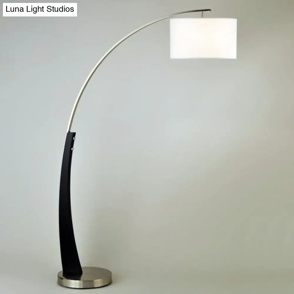 Arched Fishing Rod Lamp - Elegant 1-Light Metal Floor Light With Drum Fabric Shade In Black