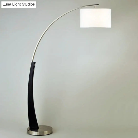 Arched Fishing Rod Lamp - Elegant 1-Light Metal Floor Light With Drum Fabric Shade In Black