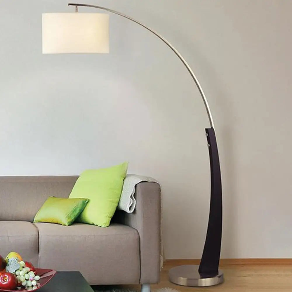 Arched Fishing Rod Lamp - Elegant 1-Light Metal Floor Light With Drum Fabric Shade In Black