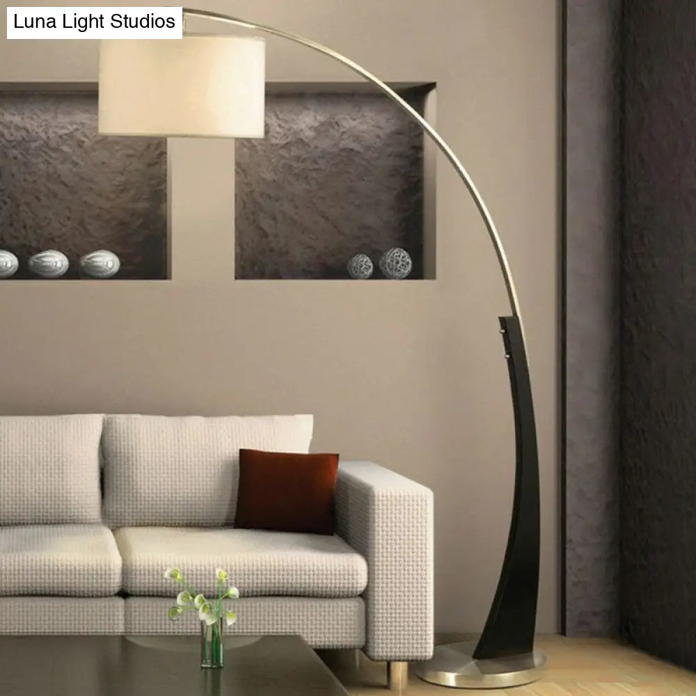 Arched Fishing Rod Lamp - Elegant 1-Light Metal Floor Light With Drum Fabric Shade In Black