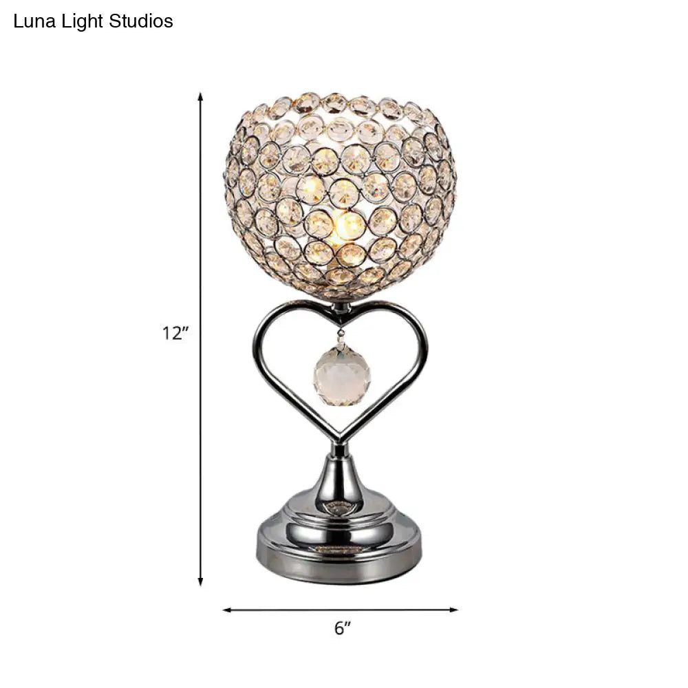 Modernist Crystal-Encrusted Chrome Domed Night Lamp With Loving Heart Detail - 1-Light Table Light