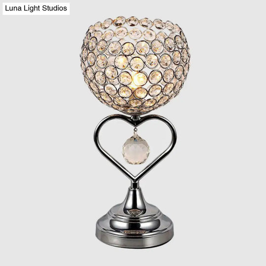 Modernist Crystal-Encrusted Chrome Domed Night Lamp With Loving Heart Detail - 1-Light Table Light