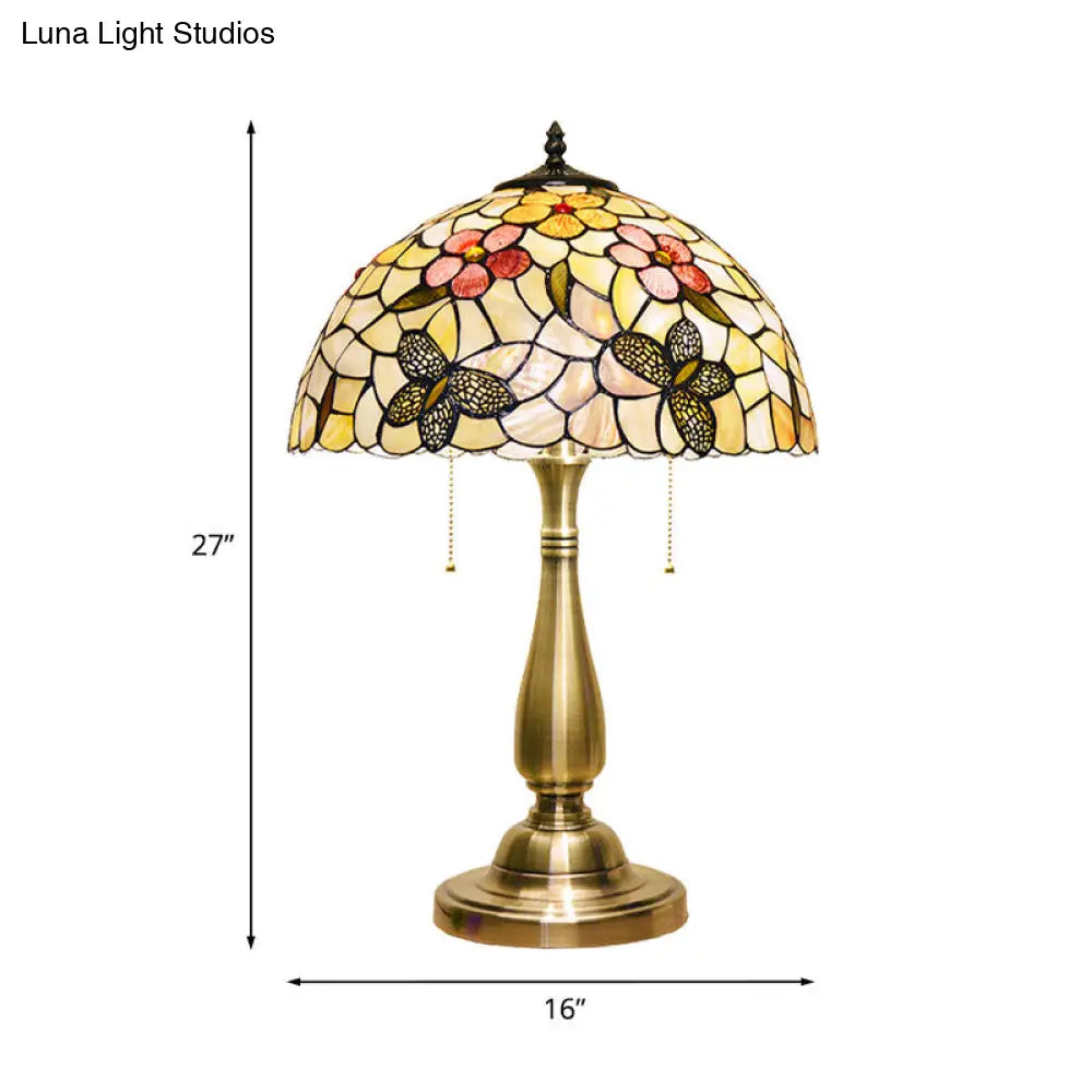 Brass Night Light Tiffany Table Lamp - Shell Brushed With Butterflies And Flower Details 2 Lights