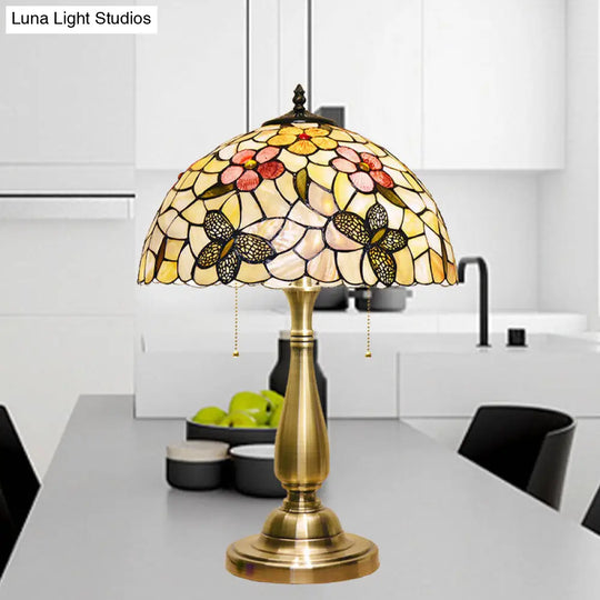 Brass Night Light Tiffany Table Lamp - Shell Brushed With Butterflies And Flower Details 2 Lights