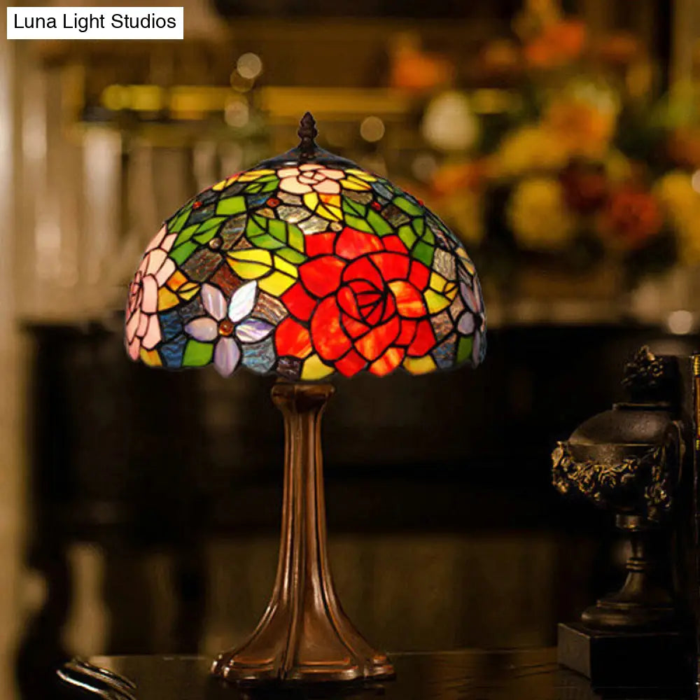 Victorian Hand-Cut Stained Glass Rose Table Lamp - Bronze Nightstand Light