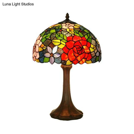 Aria - Victorian Hand-Cut Stained Glass Rose Table Light 1 Head Bronze Night Stand Lamp