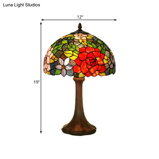 Aria - Victorian Hand-Cut Stained Glass Rose Table Light 1 Head Bronze Night Stand Lamp