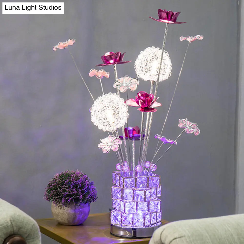 Artistic Aluminum Rubiks Cube Led Desk Lamp With Crystal Embedded Night Table Light Pink/Red Blossom