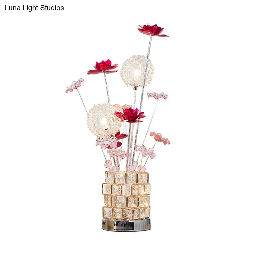 Artistic Aluminum Rubiks Cube Led Desk Lamp With Crystal Embedded Night Table Light Pink/Red Blossom