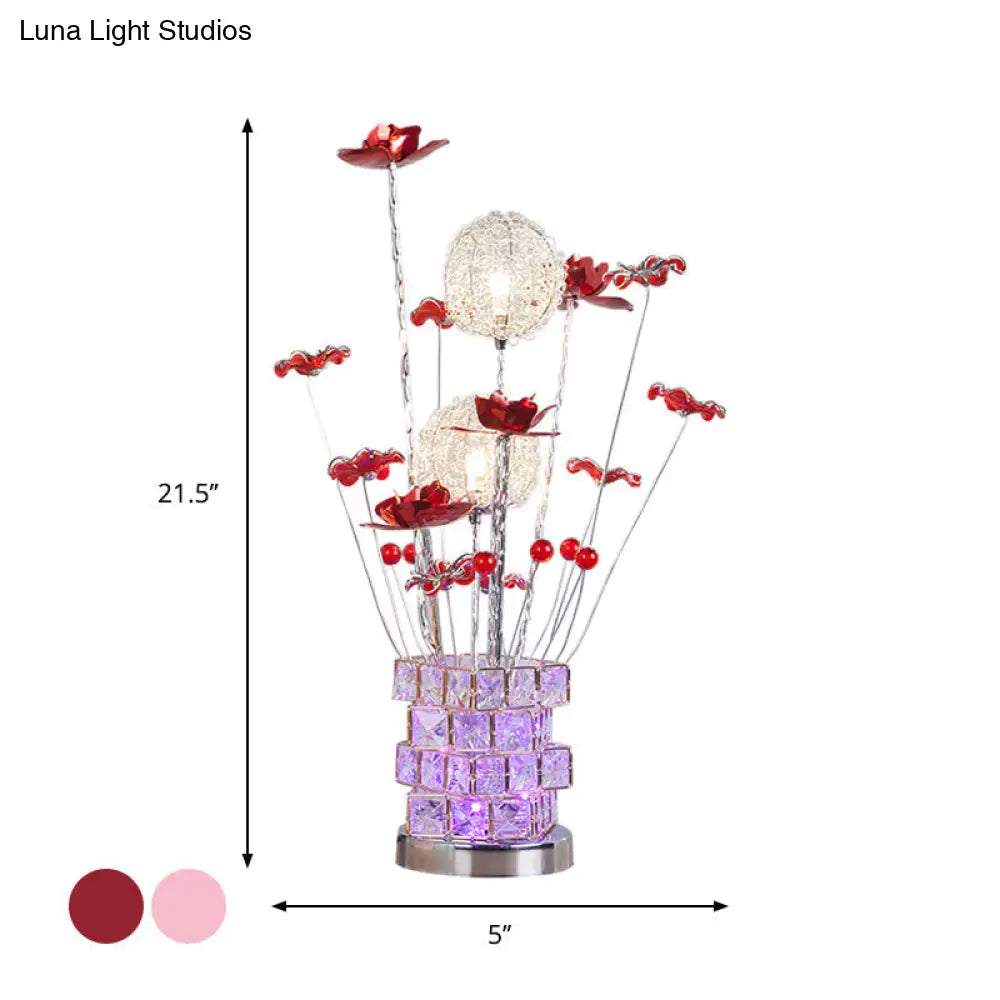 Artistic Aluminum Rubiks Cube Led Desk Lamp With Crystal Embedded Night Table Light Pink/Red Blossom