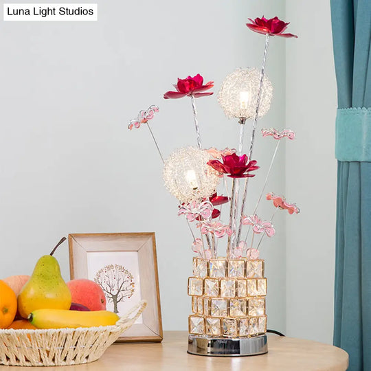 Artistic Aluminum Rubiks Cube Led Desk Lamp With Crystal Embedded Night Table Light Pink/Red Blossom