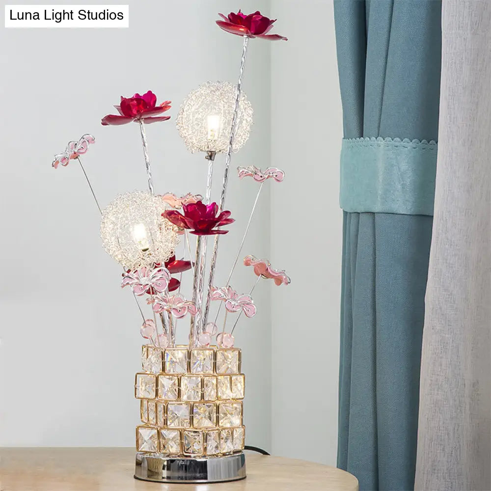 Artistic Aluminum Rubiks Cube Led Desk Lamp With Crystal Embedded Night Table Light Pink/Red Blossom