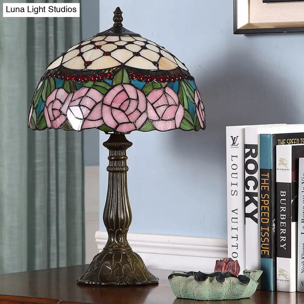 Baroque Bronze Table Lamp With Beaded Roseborder Stained Glass Shade Single Nightstand Light For