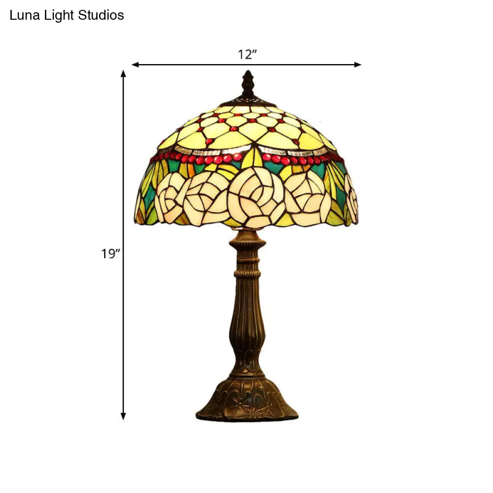 Baroque Bronze Table Lamp With Beaded Roseborder Stained Glass Shade Single Nightstand Light For