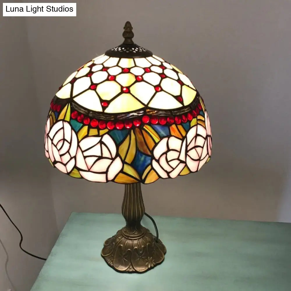 Baroque Bronze Table Lamp With Beaded Roseborder Stained Glass Shade Single Nightstand Light For