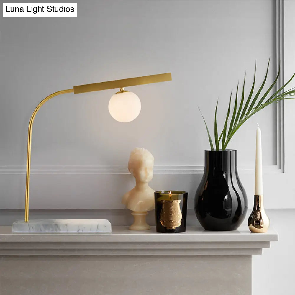 Minimalist Gold Desk Light With Rectangle Marble Base Orb Milk Glass Reading Lamp