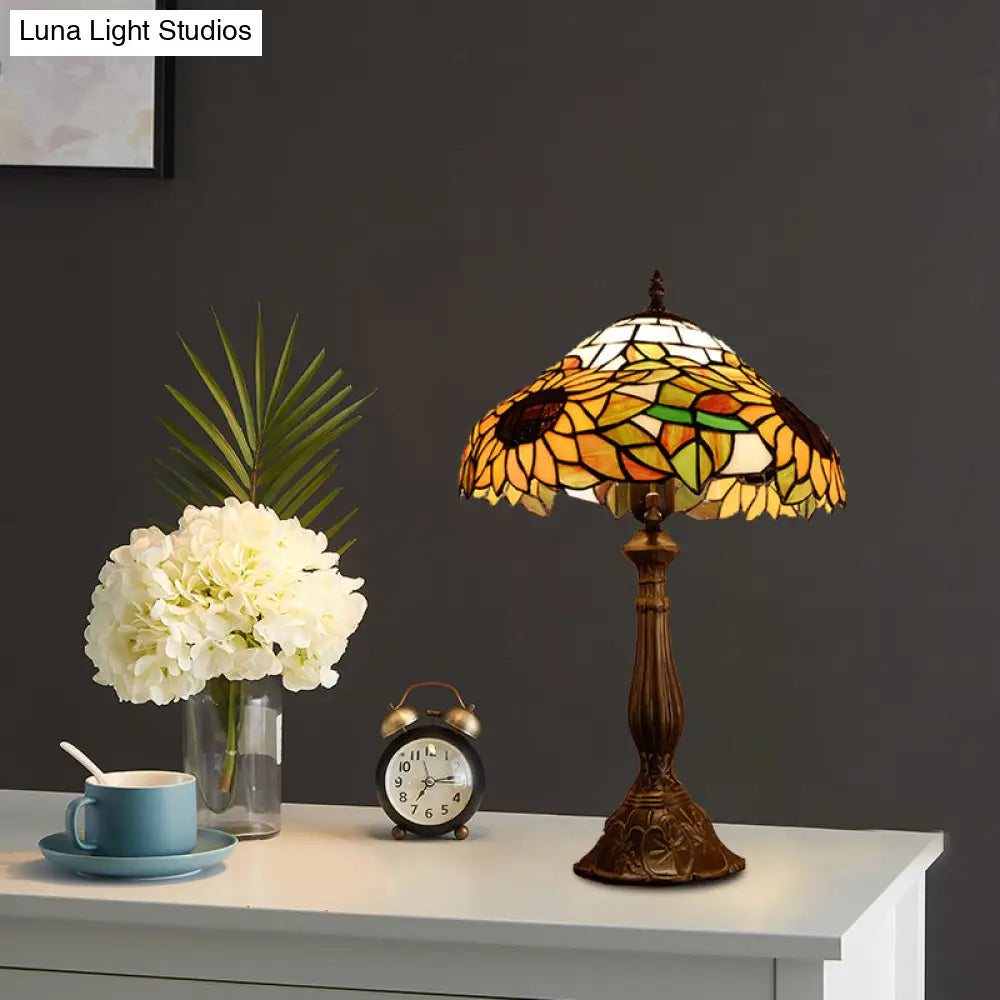 Hand Cut Glass Baroque Bowl Table Light With Sunflower Pattern - Yellow/Orange Nightstand Lighting