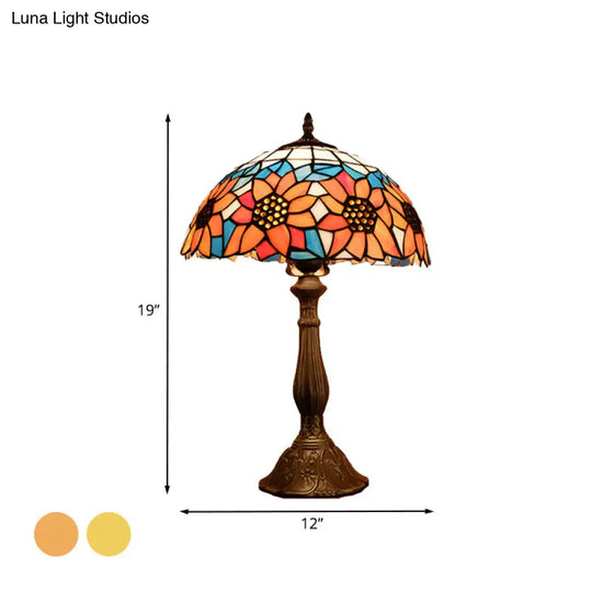 Hand Cut Glass Baroque Bowl Table Light With Sunflower Pattern - Yellow/Orange Nightstand Lighting