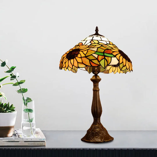 Arrakis - Baroque Bowl Shade Table Light 1-Bulb Hand Cut Glass Sunflower Patterned Nightstand