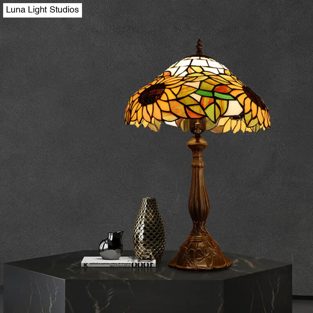 Hand Cut Glass Baroque Bowl Table Light With Sunflower Pattern - Yellow/Orange Nightstand Lighting