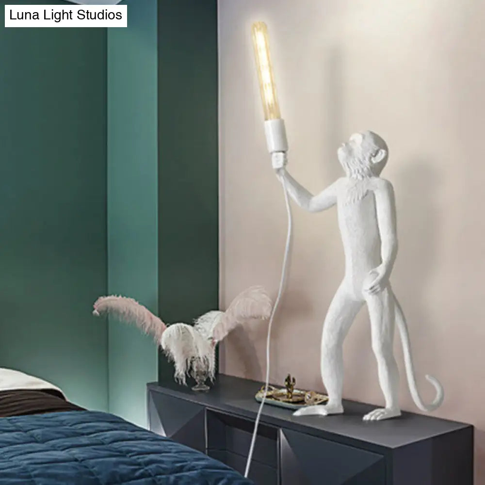 Art Deco 1-Head White Monkey Table Lamp - Stylish Resin Nightstand Light With Unique Shadeless