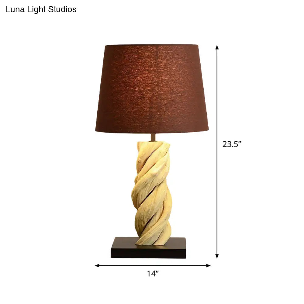 Art Deco Barrel Fabric Night Lamp With Spiral Wood Base - Brown