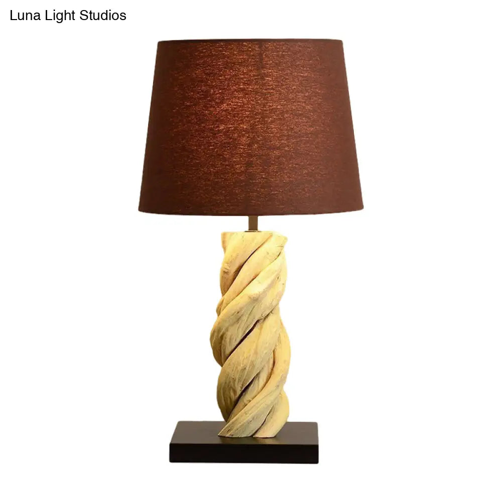 Art Deco Barrel Fabric Night Lamp With Spiral Wood Base - Brown