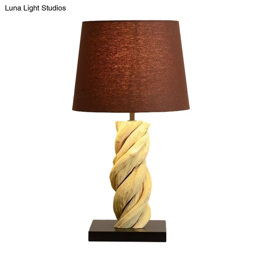 Art Deco Barrel Fabric Night Lamp With Spiral Wood Base - Brown