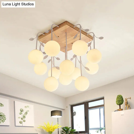 Art Deco Beige Wood Balloon Flush Mount Ceiling Light For Living Room