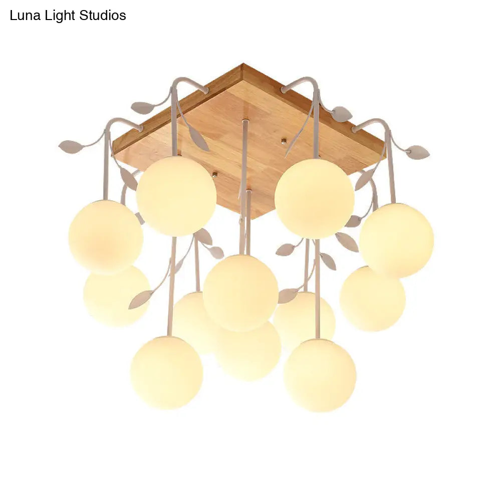 Art Deco Beige Wood Balloon Flush Mount Ceiling Light For Living Room