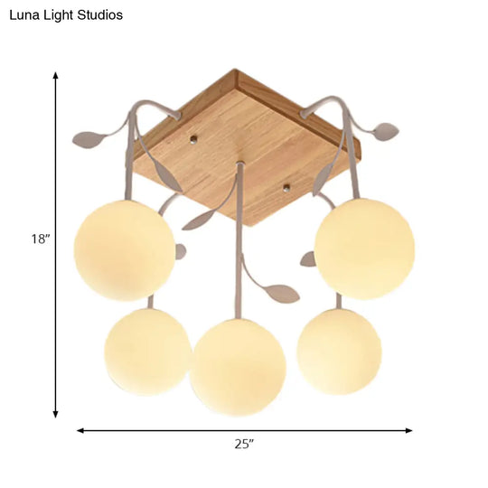 Art Deco Beige Wood Balloon Flush Mount Ceiling Light For Living Room