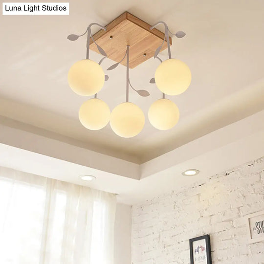 Art Deco Wood Balloon Flush Mount Ceiling Light In Beige For Living Room 5 /
