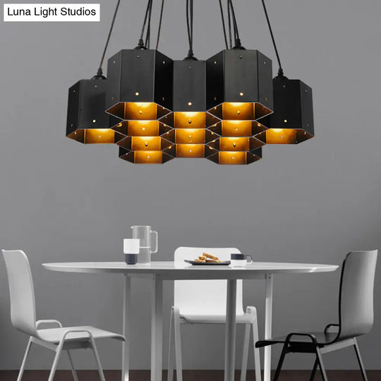 Art Deco Black Metal Honeycomb Island Ceiling Light For Dining Room