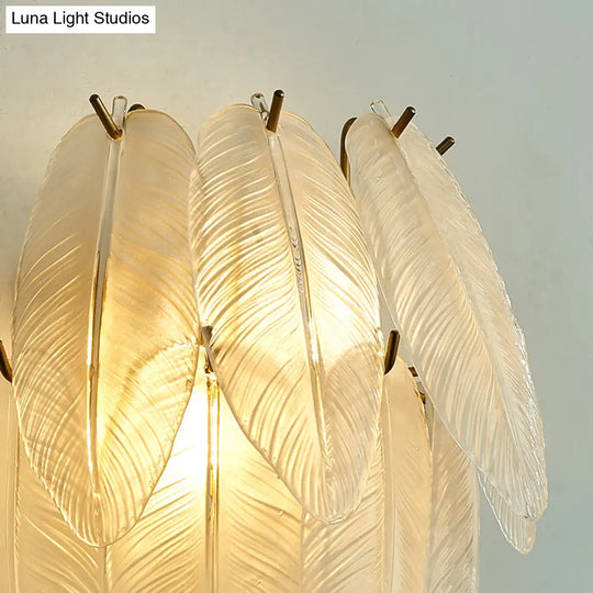 Art Deco Brass Finish Leaf Sconce Lamp - Clear Glass 2-Bulb Wall Mounted Light For Dining Room