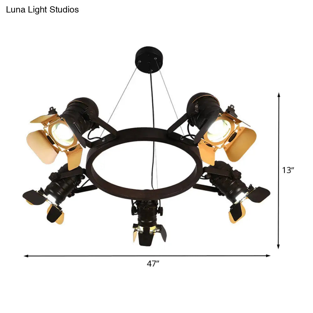 Art Deco Camera Pendant Chandelier In Black With Ring Design - 5-Light Metallic Ceiling Lamp