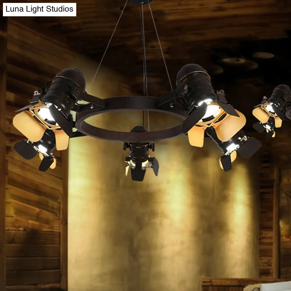 Art Deco Camera Pendant Chandelier In Black With Ring Design - 5-Light Metallic Ceiling Lamp