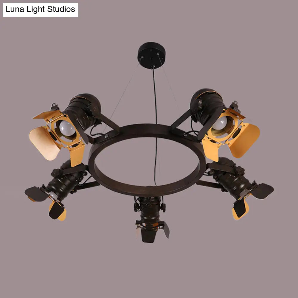 Art Deco Camera Pendant Chandelier In Black With Ring Design - 5-Light Metallic Ceiling Lamp