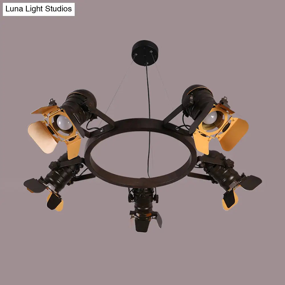 Art Deco Camera Pendant Chandelier - 5 Lights Metallic Hanging Ceiling Lamp In Black With Ring