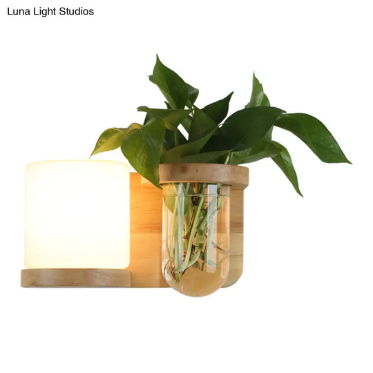 Art Deco Cream Glass Cube Sconce Lamp With Wood Wall Mount And Hydroponic Plant Pot