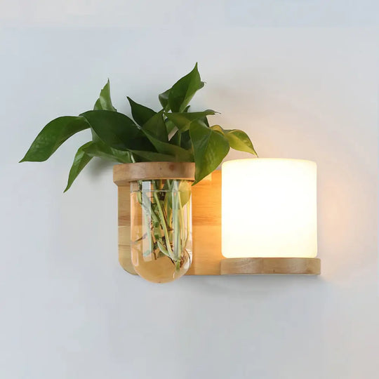 Art Deco Cream Glass Cube Sconce Lamp With Wood Wall Mount And Hydroponic Plant Pot / Left