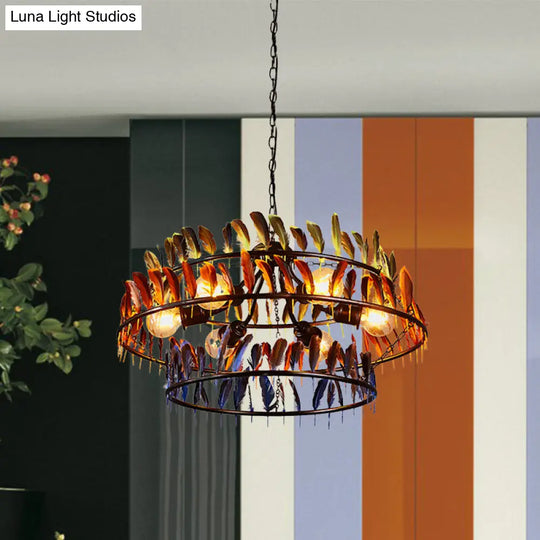 Art Deco Feather Chandelier Pendant Lamp - Red And Blue Metallic 6 Bulbs Red-Blue