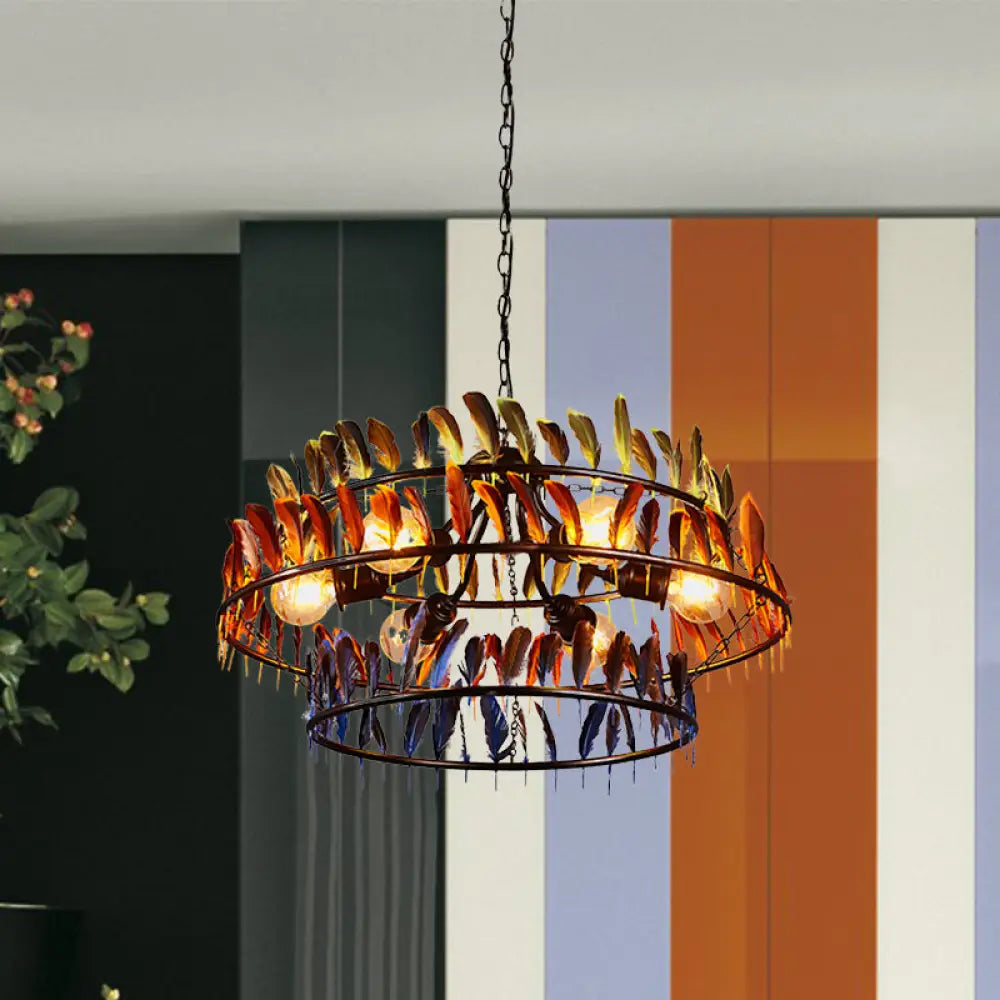 Art Deco Feather Metallic Chandelier Pendant Lamp - Red And Blue 6-Bulb Hanging Light Red-Blue