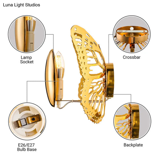 Art Deco Gold Butterfly Wall Sconce - Single Light Metal Lamp For Kids Room