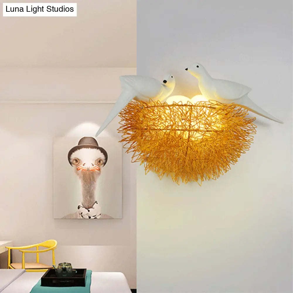 Art Deco Gold Finish Flush Wall Sconce: Bird Nest 3-Light Metal Led Fixture With White Decor