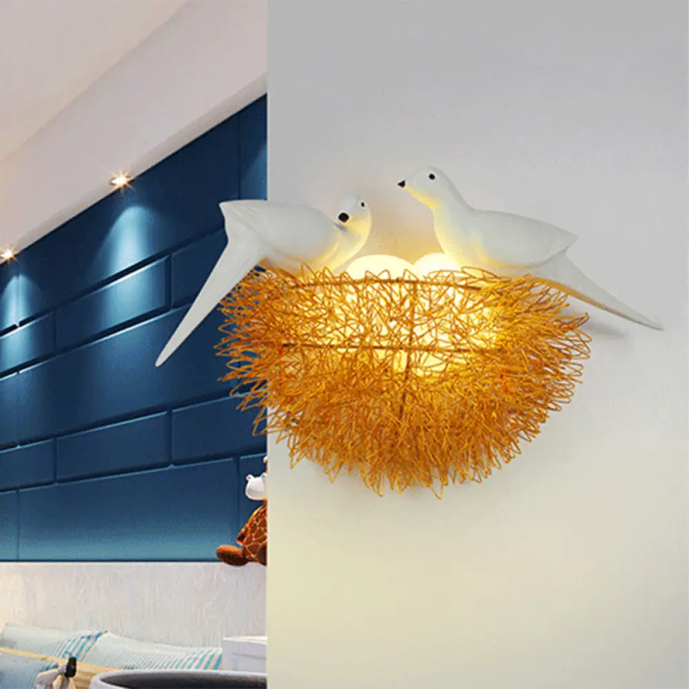 Art Deco Gold Finish Flush Wall Sconce: Bird Nest 3-Light Metal Led Fixture With White Decor