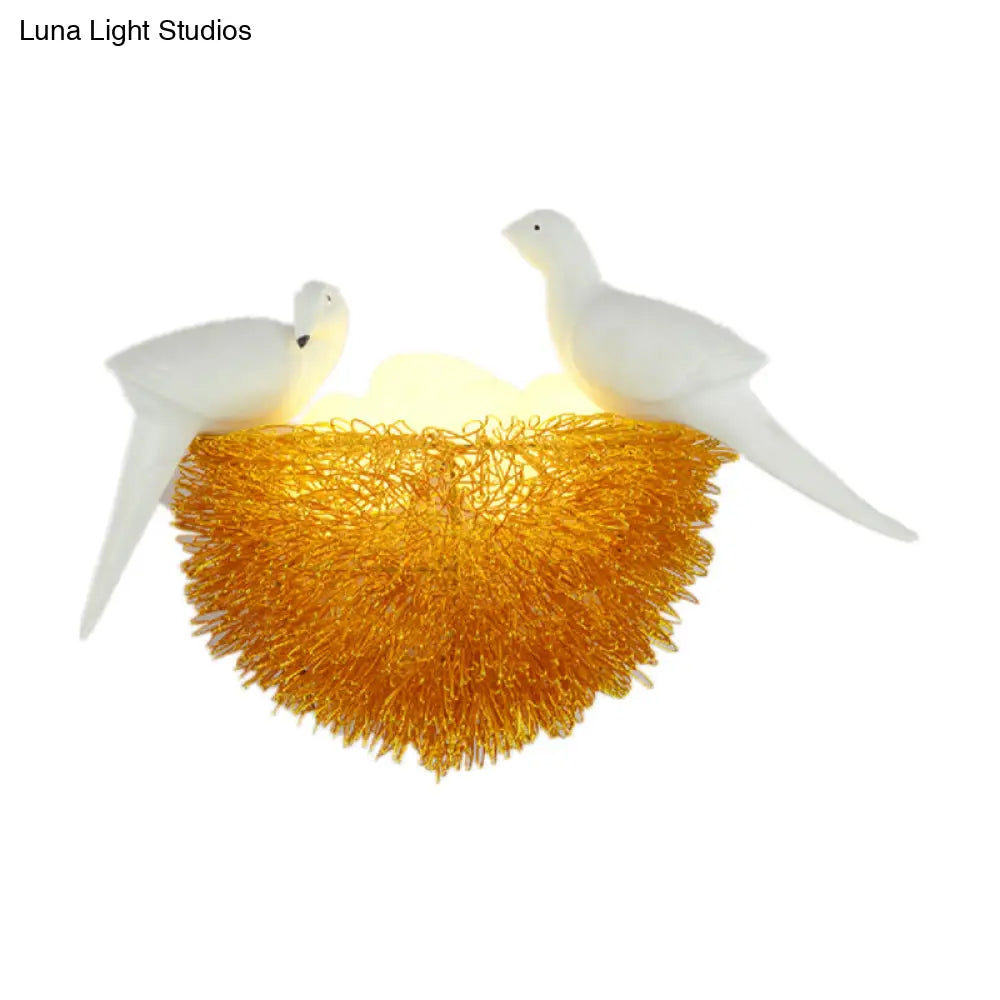 Art Deco Gold Finish Flush Wall Sconce: Bird Nest 3-Light Metal Led Fixture With White Decor