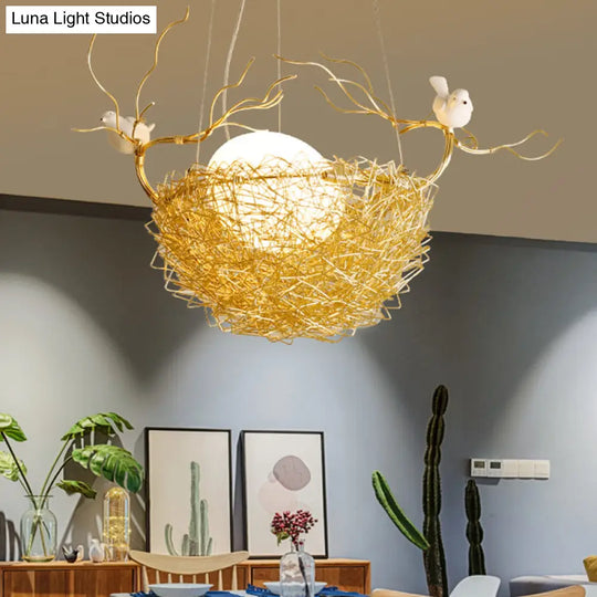 Art Deco Gold Nest Pendant Light With 2 Birds - Metal Hanging Ceiling For Restaurants