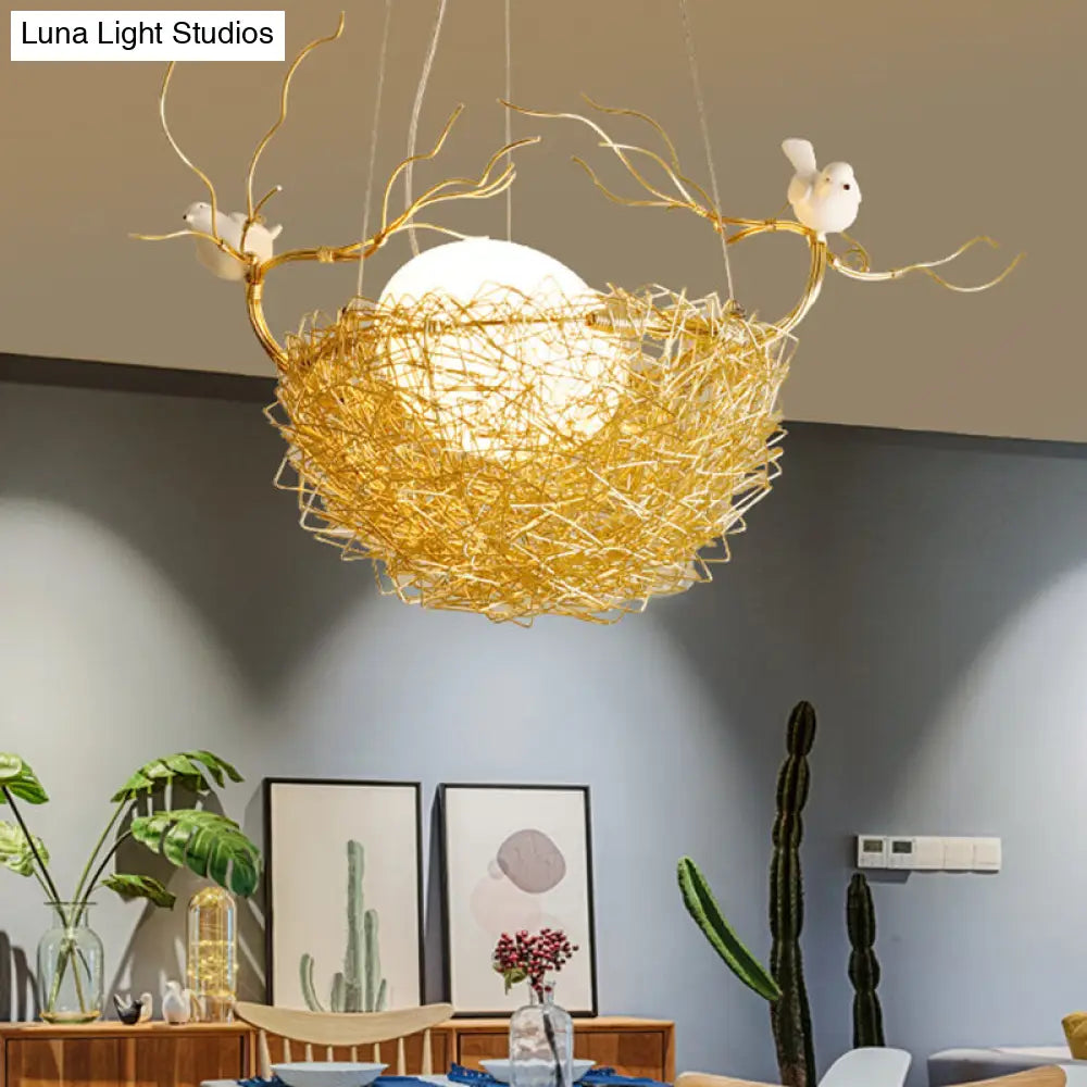 Art Deco Gold Nest Pendant Light With 2 Birds - Elegant Metal Ceiling For Restaurants