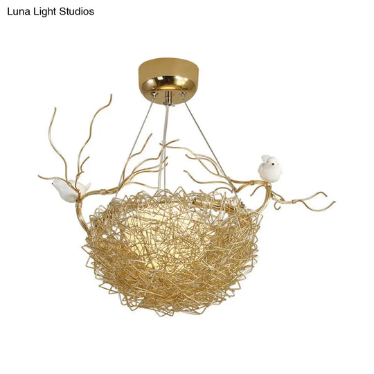 Art Deco Gold Nest Pendant Light With 2 Birds - Elegant Metal Ceiling For Restaurants